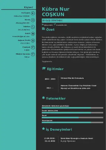 Biyoloji Öğretmeni CV Örnekleri cv indir